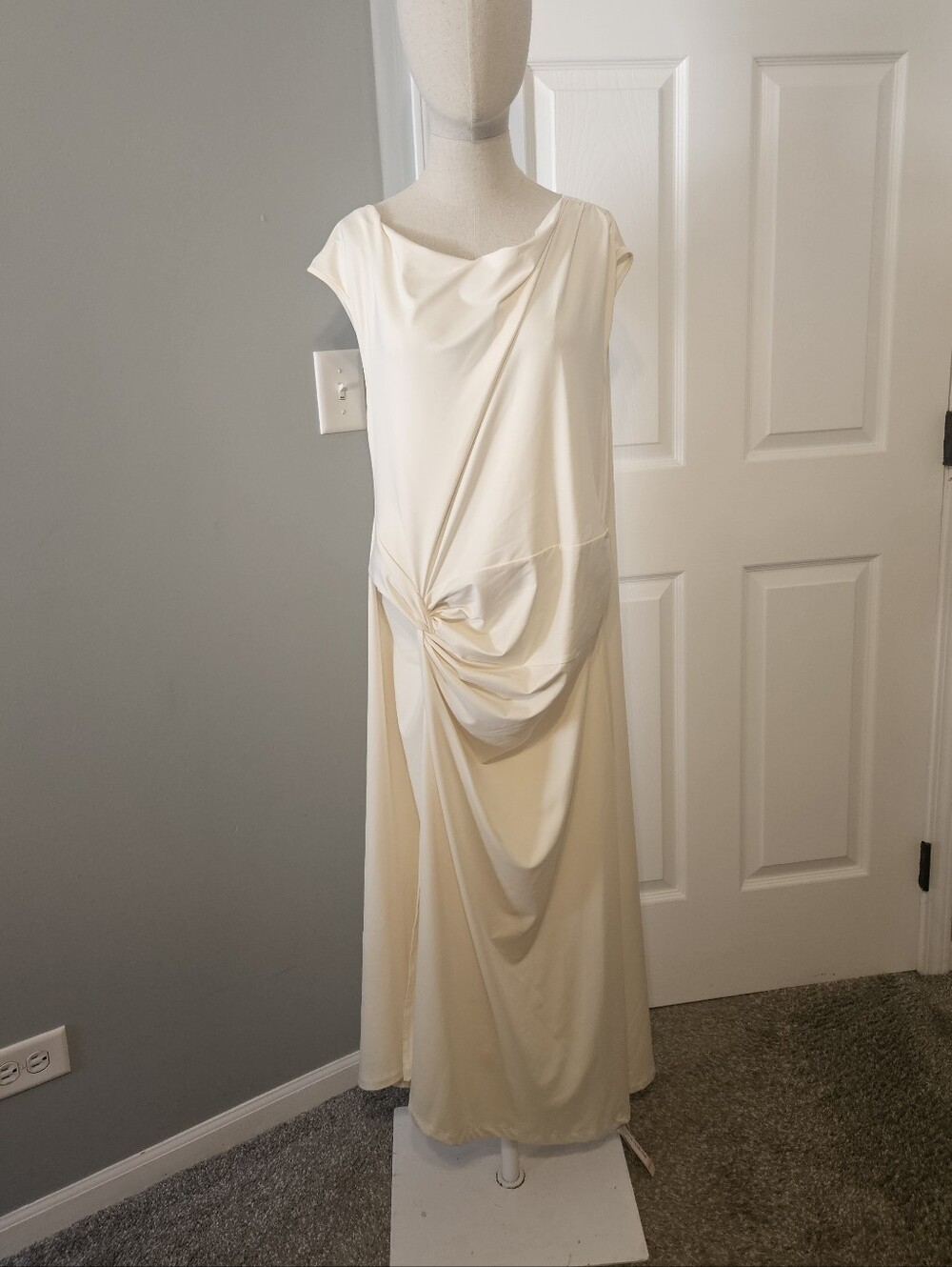 Twist-Detail Cream Maxi Dress with Draped Cowl Neck